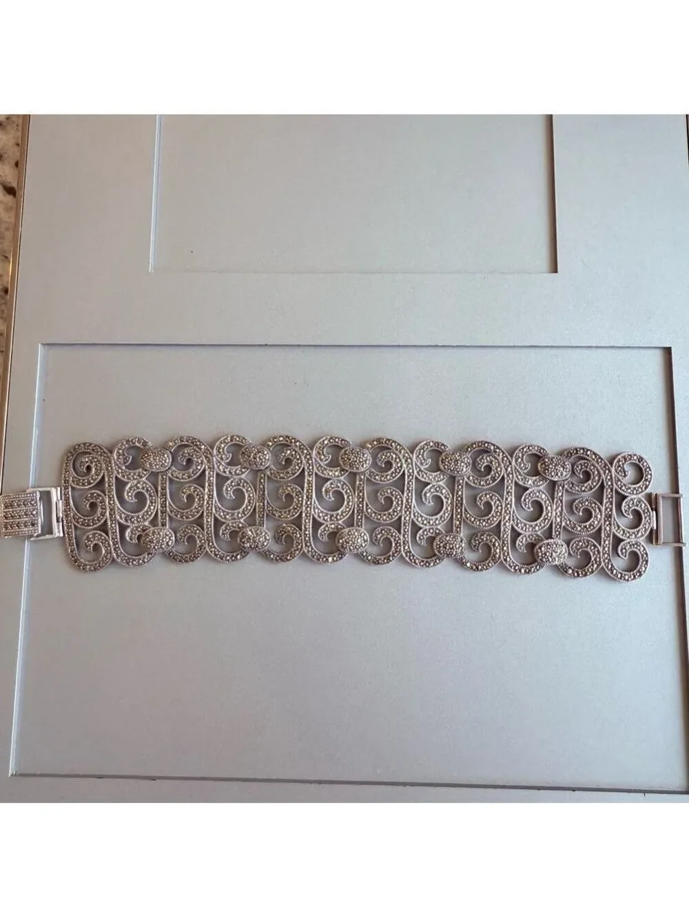 HUGE Masterpiece Marcasite Scroll Panel Sterling Silver Bracelet Signed Vintage